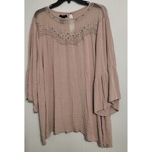 Socialite Shirt Womens Large Beige Long Bell Sleeve Popover Floral Sheer Keyhole